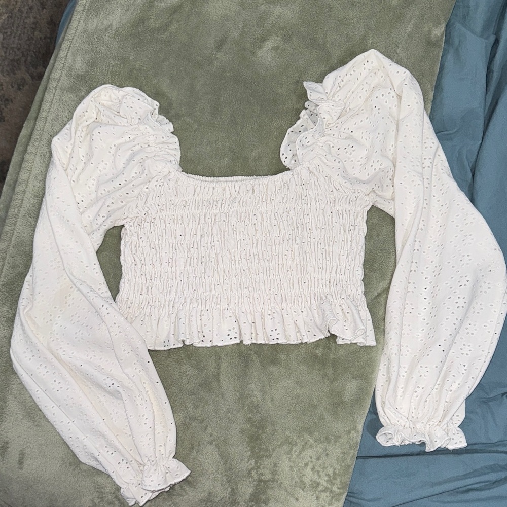 SHEIN White Eyelet Smocked Blouse